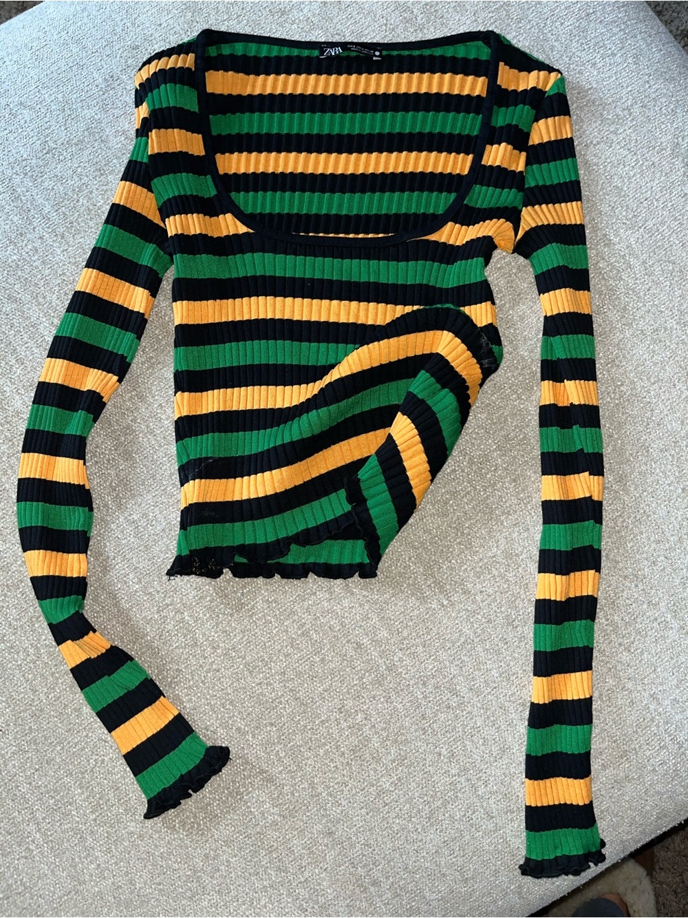 Zara Black, Green & Yellow Striped Ribbed Long Sleeve Top